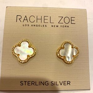 Rachel Zoe Sterling Silver mother of Pearl Clover stud Earrings with micro pave